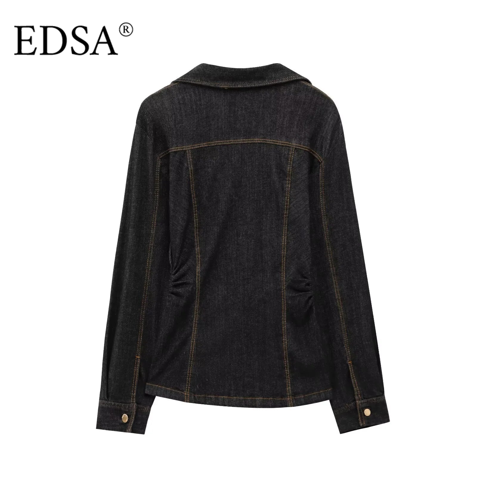 Women Black Denim Pants Set with Fitted Shirt and Patch Pockets Straight Leg Jeans Suit