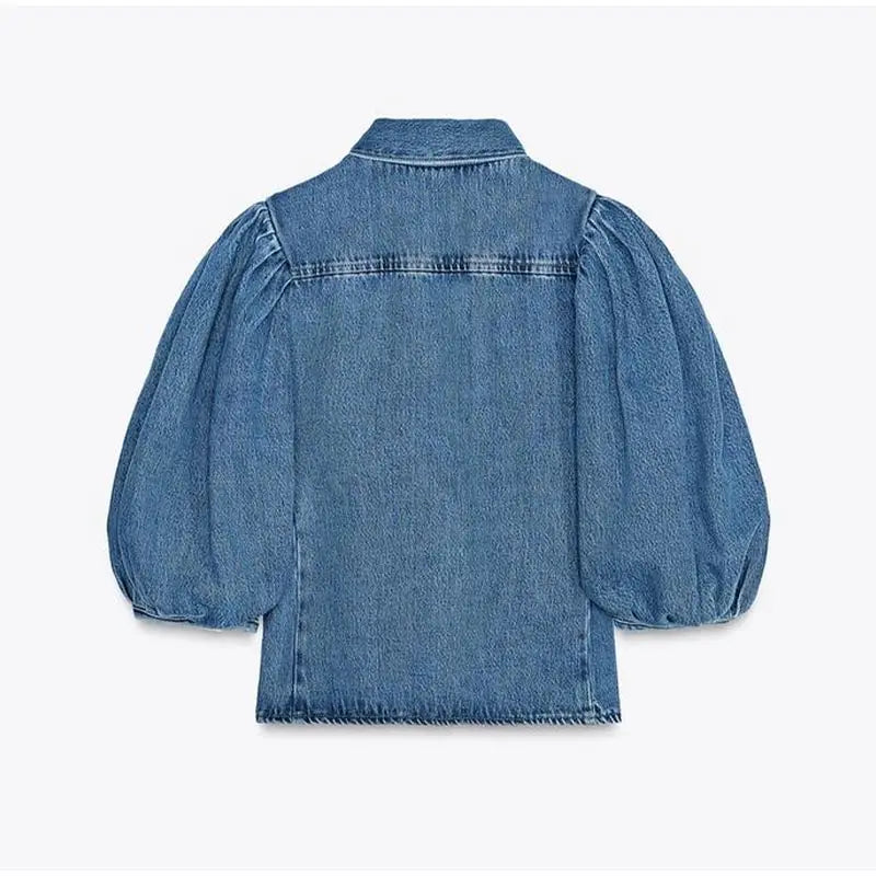 Street Denim Women's Puff Sleeve Shirt Solid Color Single Breasted Pleated Blouse Casual Half Sleeve Top for Spring and Summer