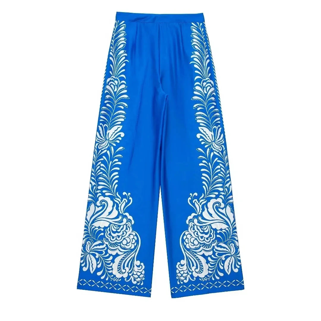 Women's Vintage Printed Casual Set with Long Sleeve Blouse and Straight Leg Pants