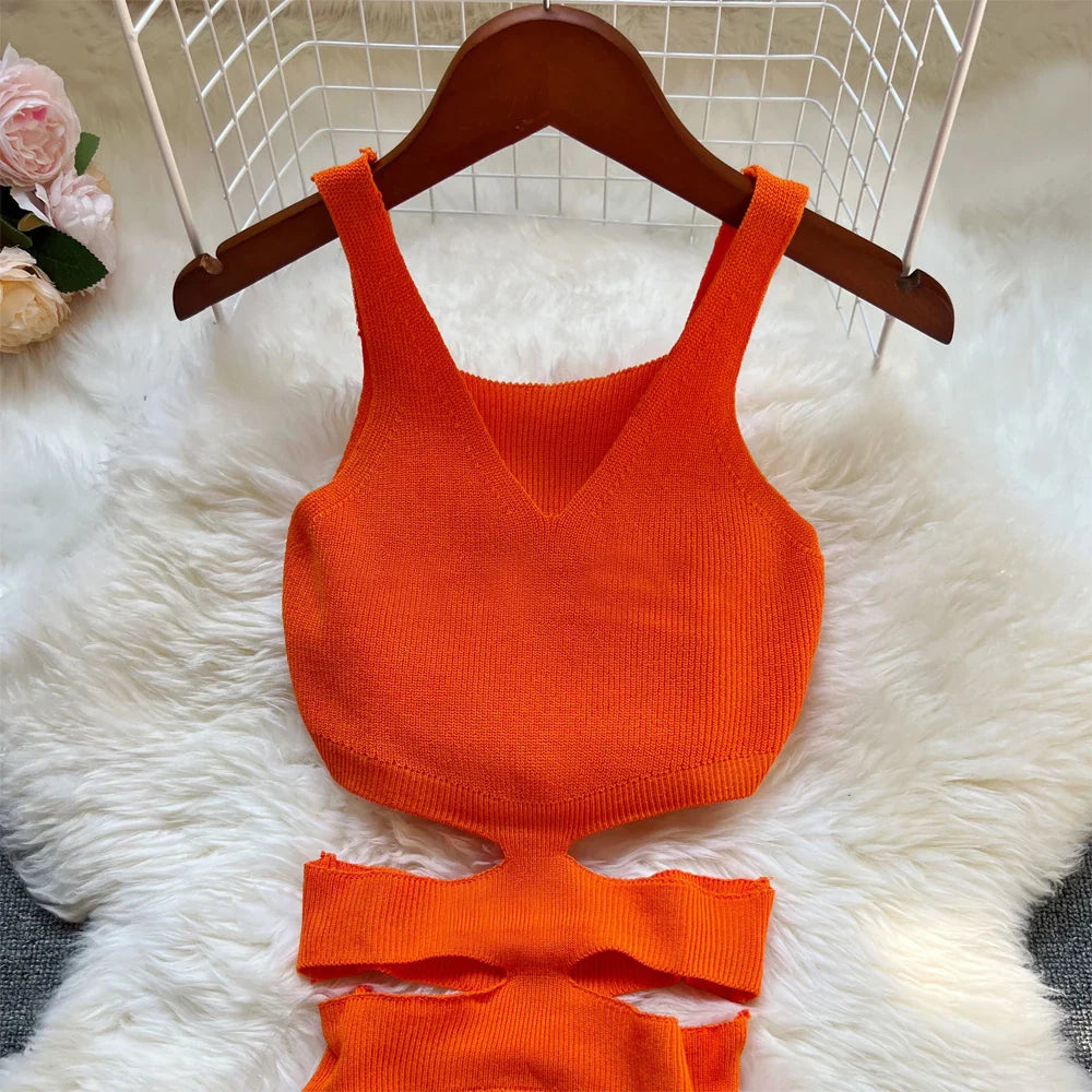 Sexy Hollow Out Waist Knitted Bodycon Summer Dress For Women