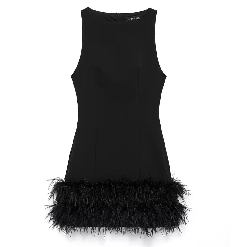 Black Feathered Bodycon Dress For Women Sleeveless Mini