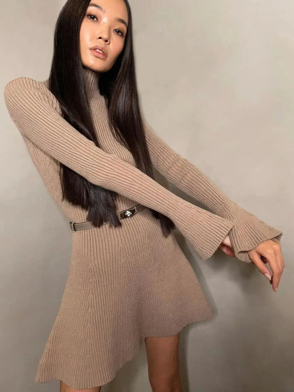 Elegant Women High Neck Knit Dress With Long Sleeve