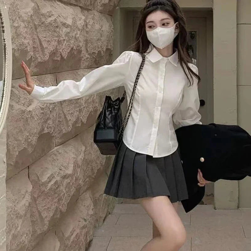 Preppy Long Sleeve White Shirt for Women Korean Chic Button-Up JK Blouse Student Uniform with Fashionable Lace-Up Detail
