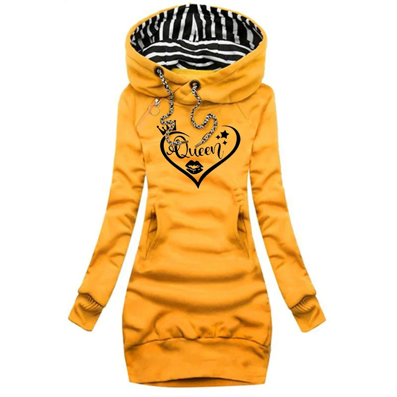 Queen Printed Hoodie Sweater Dress For Women Long Sleeve