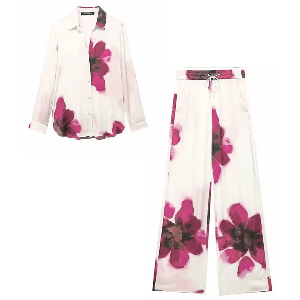 Elegant Floral Print Pant Set With Lapel Long Sleeve Loose Blouse And Drawstring High Waist Wide Leg Pants For Women