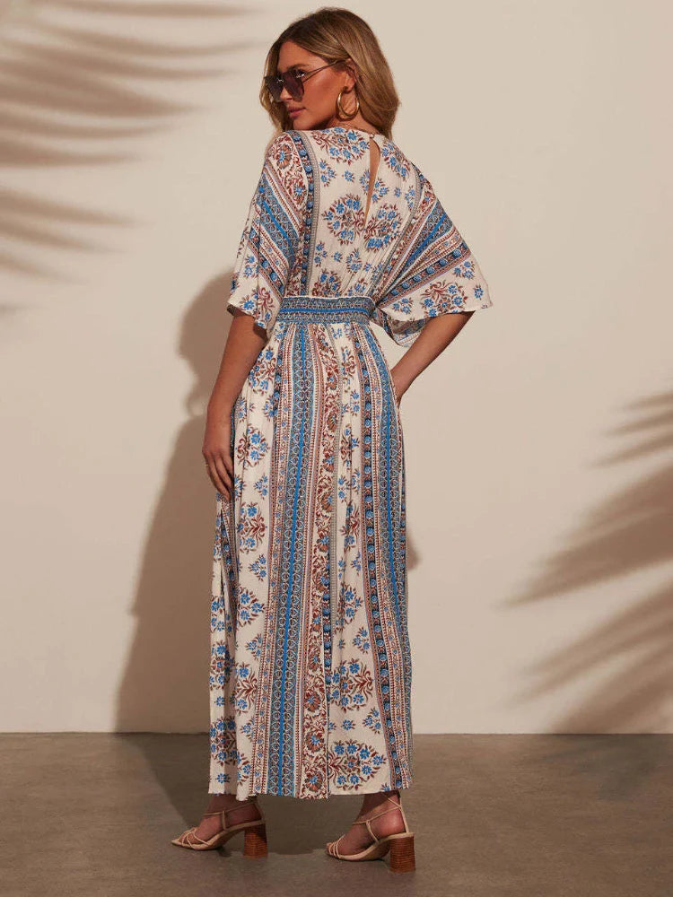 Bohemian Maxi Dress Printed V Neck Beach Vacation Style