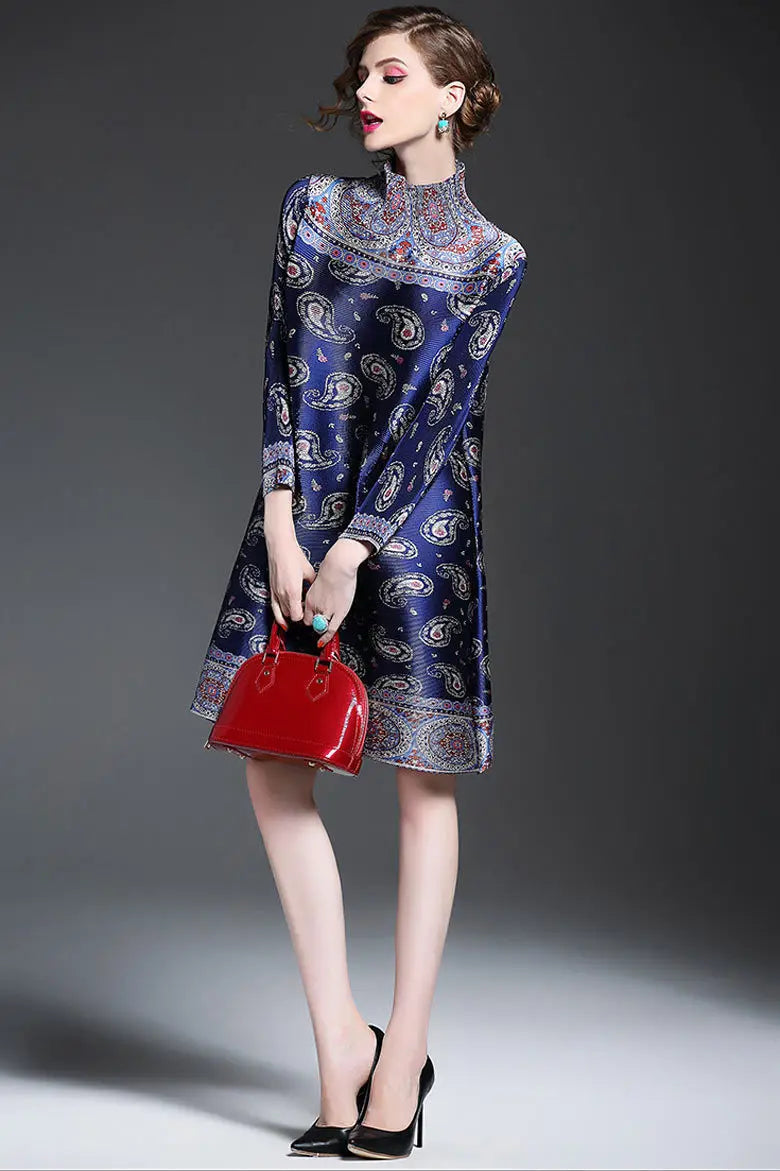 Retro Pleated High Neck Plus Size Dress For Women Casual