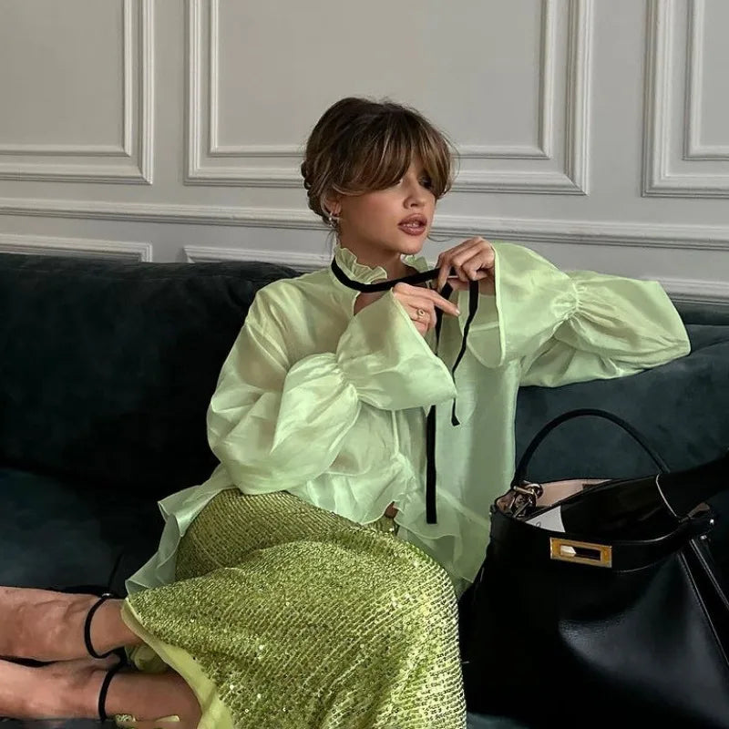 Sexy Loose White Women's Shirt With Ruffles Long Sleeve Sheer Elegant Blouse Stylish Transparent Top