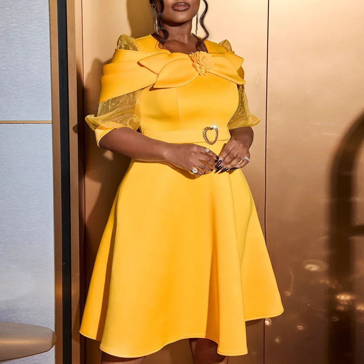 A Line Wedding Guest Dress With Tulle Sleeves 3D Flowers