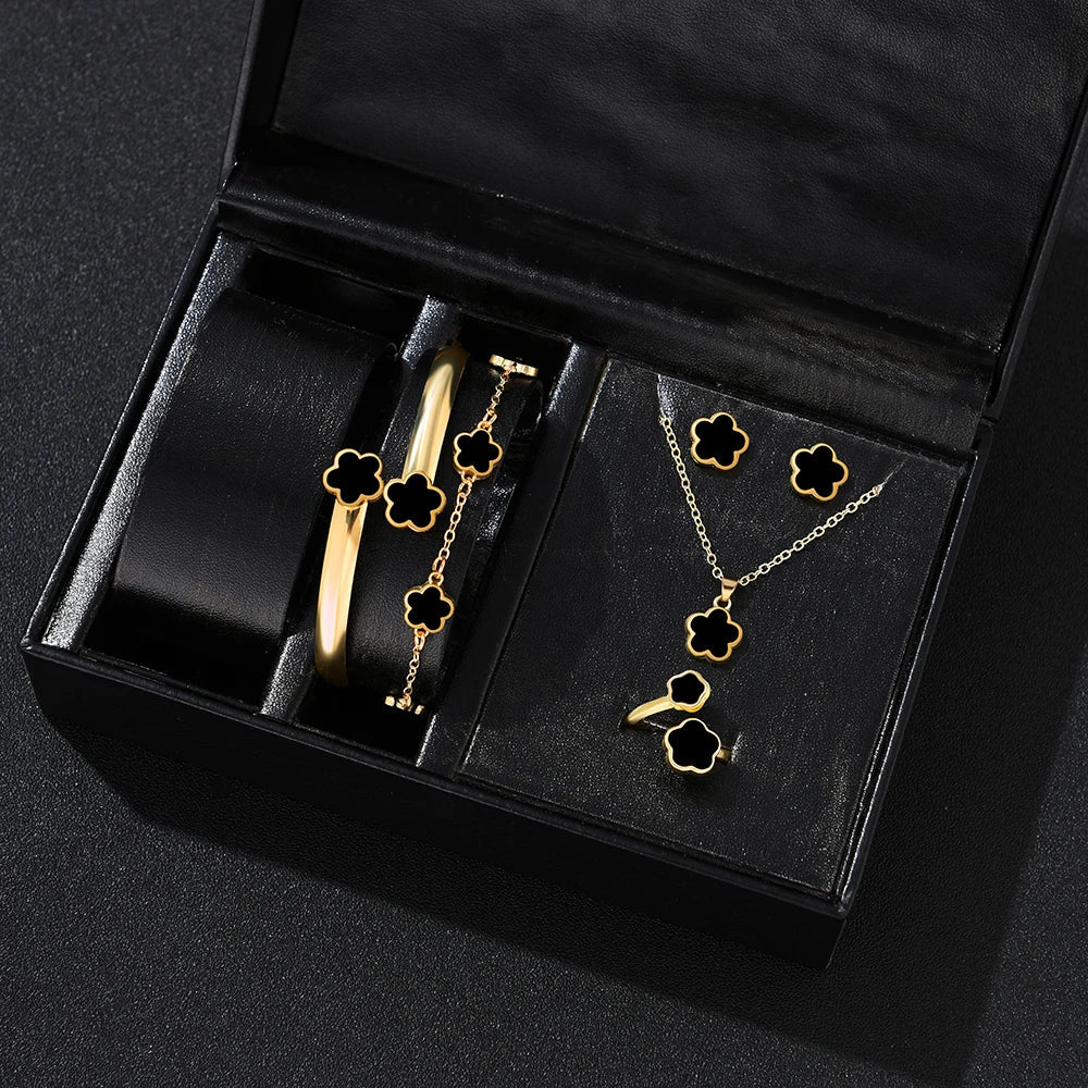 5pcs Women's Flower Jewelry Set with Bracelet Necklace Earrings and Ring