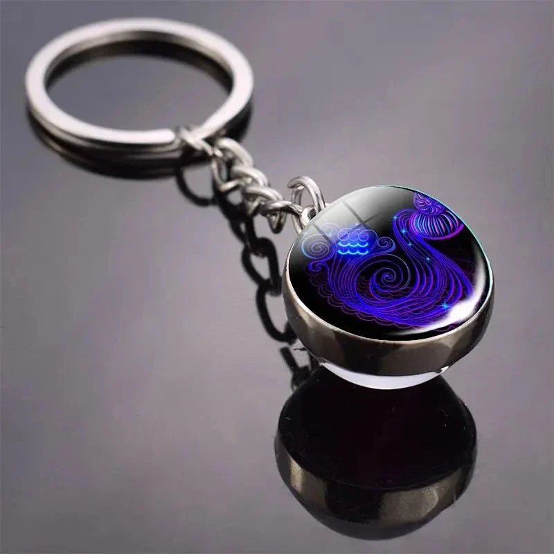 Luminous Zodiac Key Chain Double Sided Glass Ball Pendant for Men and Women Birthday Gift