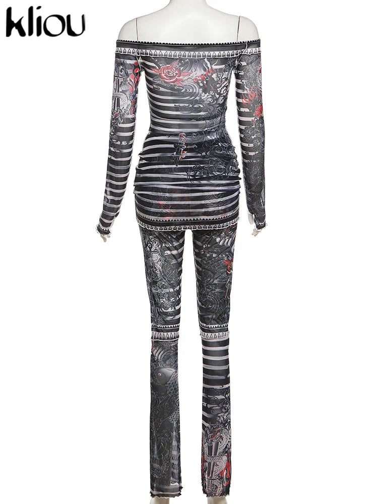 Mesh Trend Print 2 Piece Set for Women with Hipster Slash Neck Full Sleeve Top and Matching Slim Fit Pants