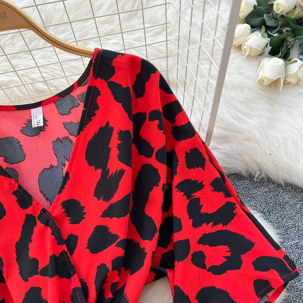 Ruched V Neck Office Dress Long Sleeve For Women Red