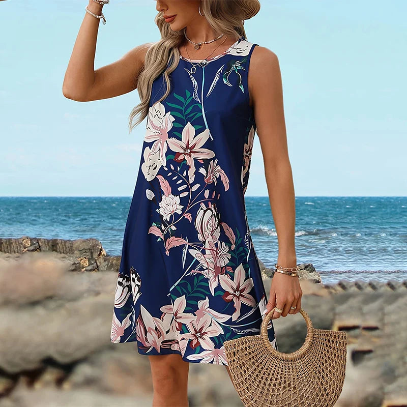 Blue Floral Boho Dress For Women Sleeveless Beachwear