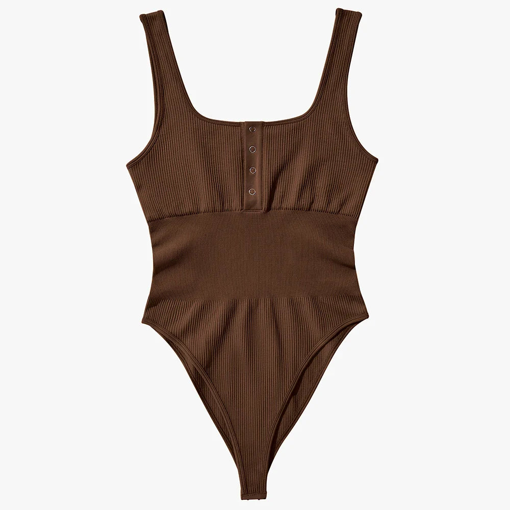 Women's Button Front Square Neck Ribbed Sleeveless Skinny Bodysuit Slimming Shapewear Casual Tank Top