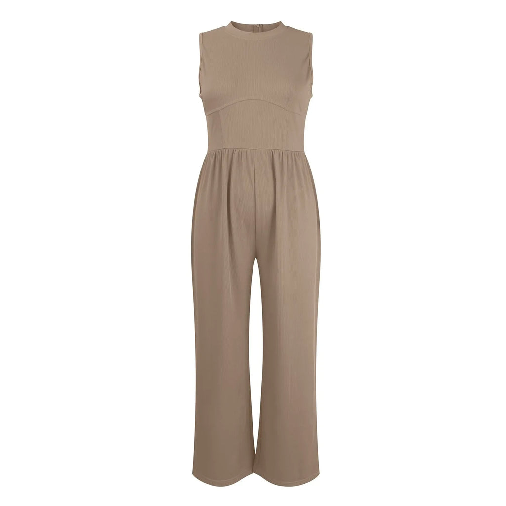 Women Sleeveless High Neck Ribbed Tank Top Jumpsuit Wide Leg Pants Romper with Tummy Control and High Waist Casual Summer Outfit
