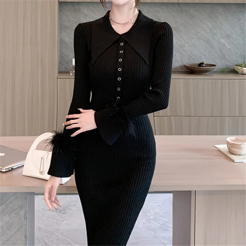 Polo Collar Wrap Knit Dress for Women Long Sleeve Bodycon