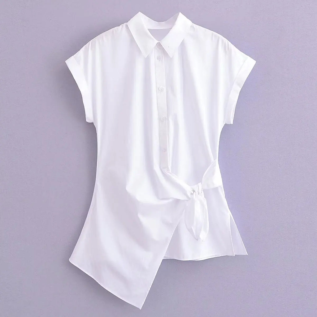 Women's Elegant Poplin Shirt Top with Versatile Waist Tie Detail Slimming Design Summer Fashion Blouse for Office and Casual Wear