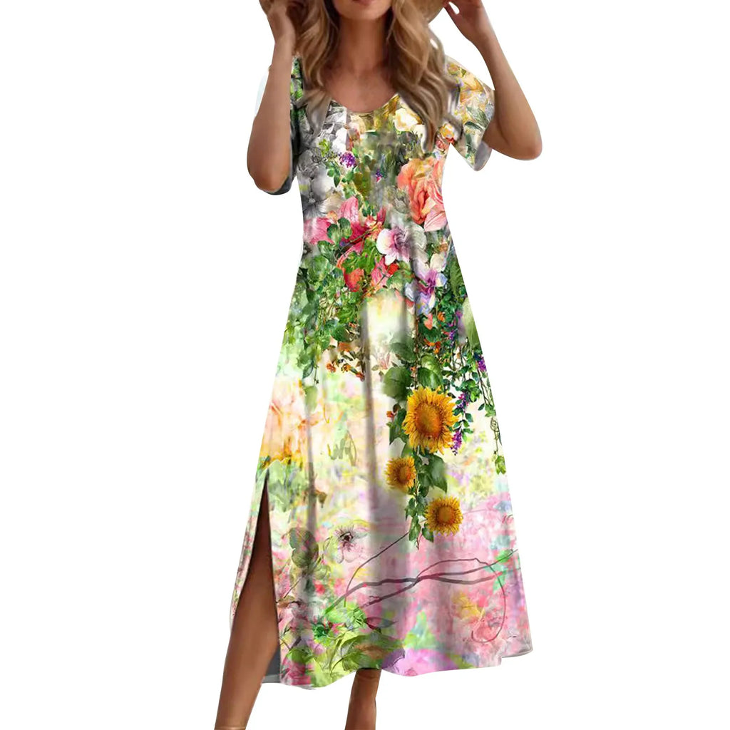 Women Allover Print Dress With Round Neck Short Sleeves