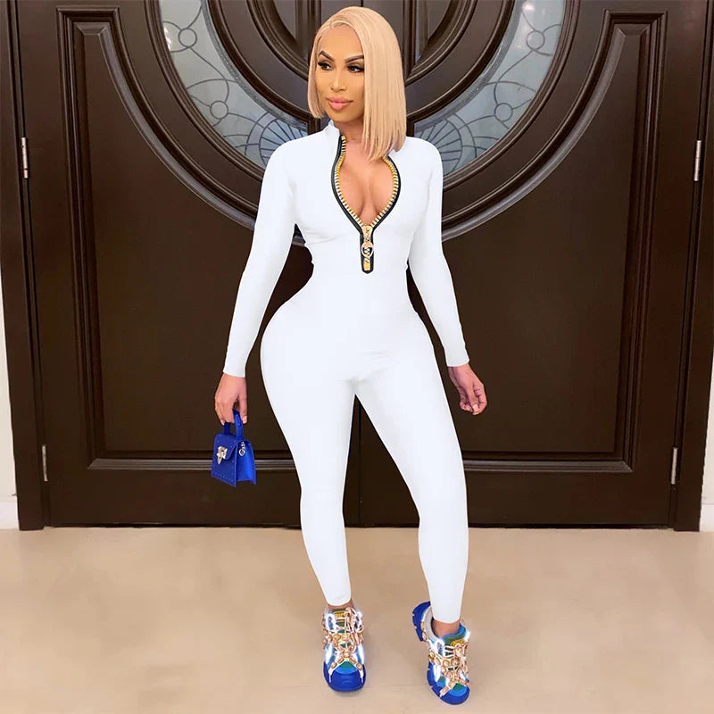 Women's Bodycon One-Piece Jumpsuit with Long Sleeves and Large Front Zipper Casual Sporty Skinny Workout Overalls Top