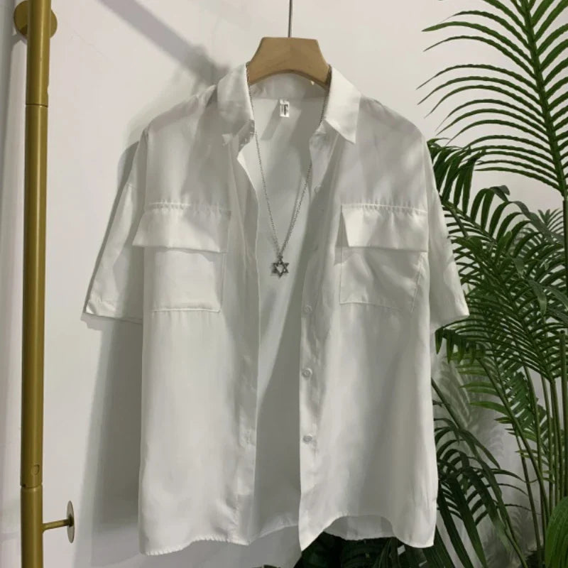 Women's Black Blouse with Necklace Decoration Summer Shirt Loose Fit Short Sleeve Pocket Design Preppy Collar Stylish Blusas