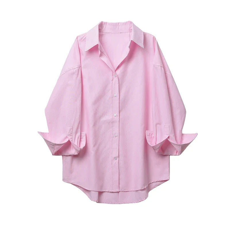 Women's Loose Fit Oxford Long Sleeve Shirt with Lapel Collar Elegant Vintage Blouse for Office and Fall Wear