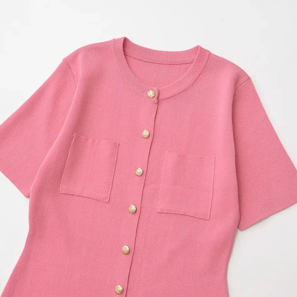 Knitted Pocket Dress For Women Short Sleeve Summer Casual