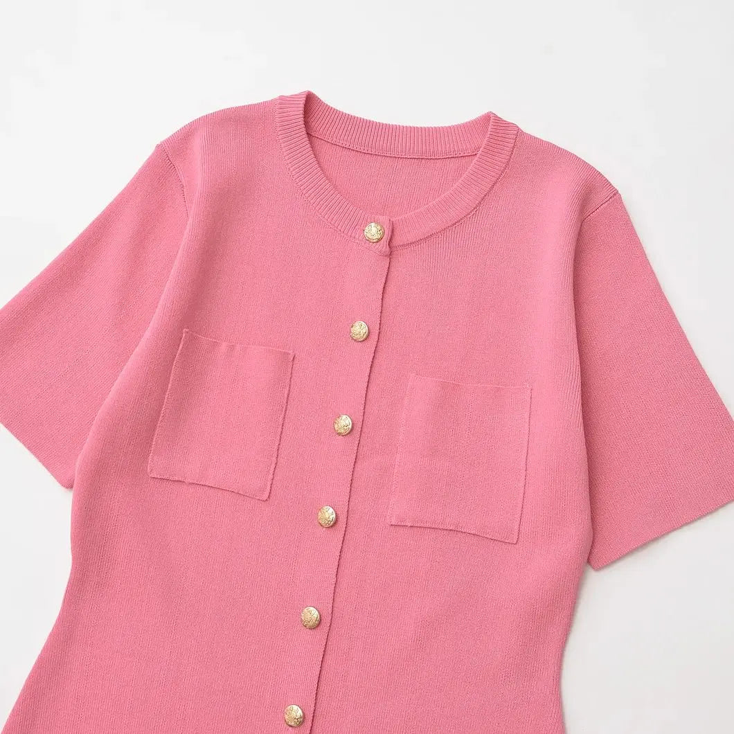 Knitted Pocket Dress For Women Short Sleeve Summer Casual