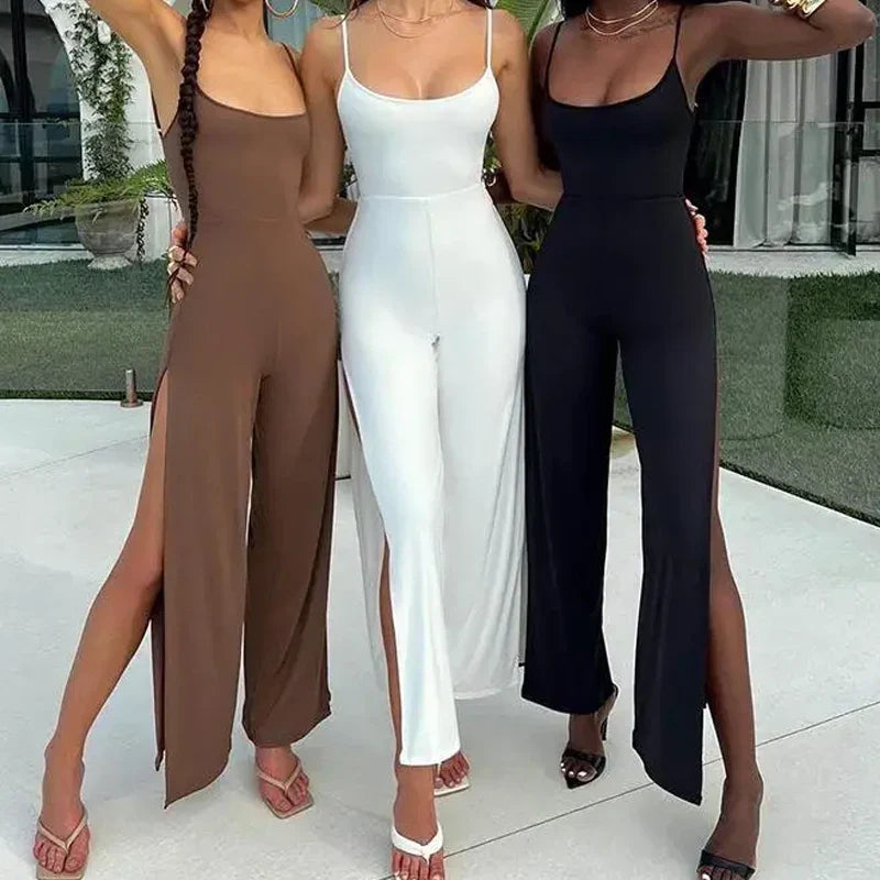 Sexy Backless Bandage Jumpsuit for Women Sleeveless Elegant Split Bodysuit Slim Fit Casual Solid Color Playsuit
