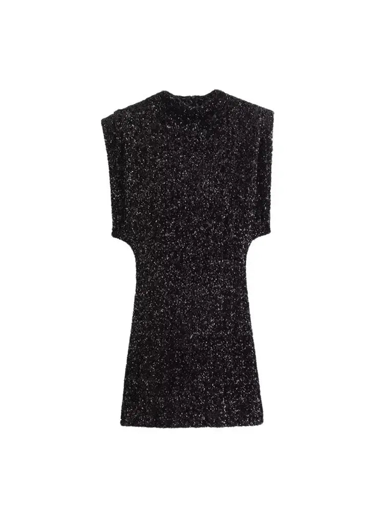 Sequined Mini Dress With Shoulder Pads O Neck Sleeveless