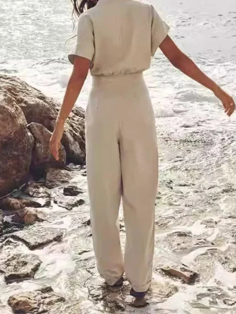 Summer Casual V Neck Sleeveless Linen Blend Jumpsuit Straight Long Holiday Style