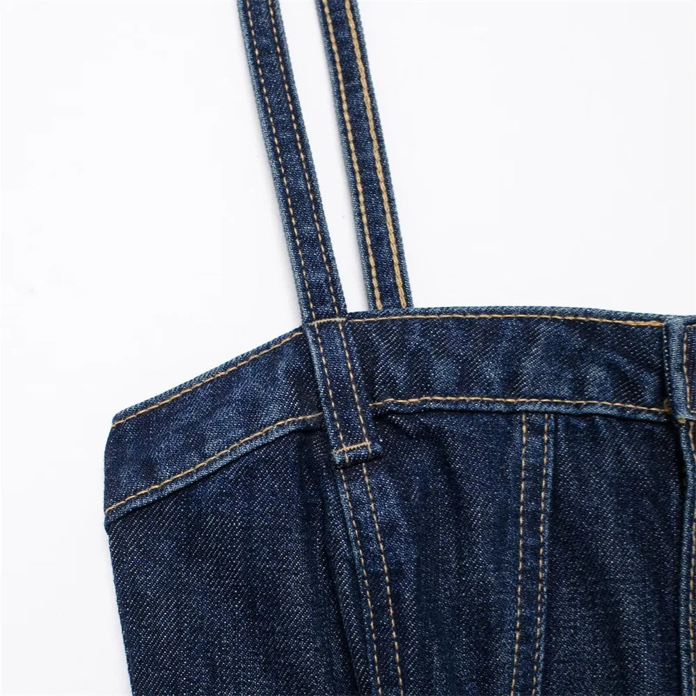 Loose Fitting Waist Belt Cotton Denim Long Jumpsuit for Women Comfortable Autumn and Winter Fashion