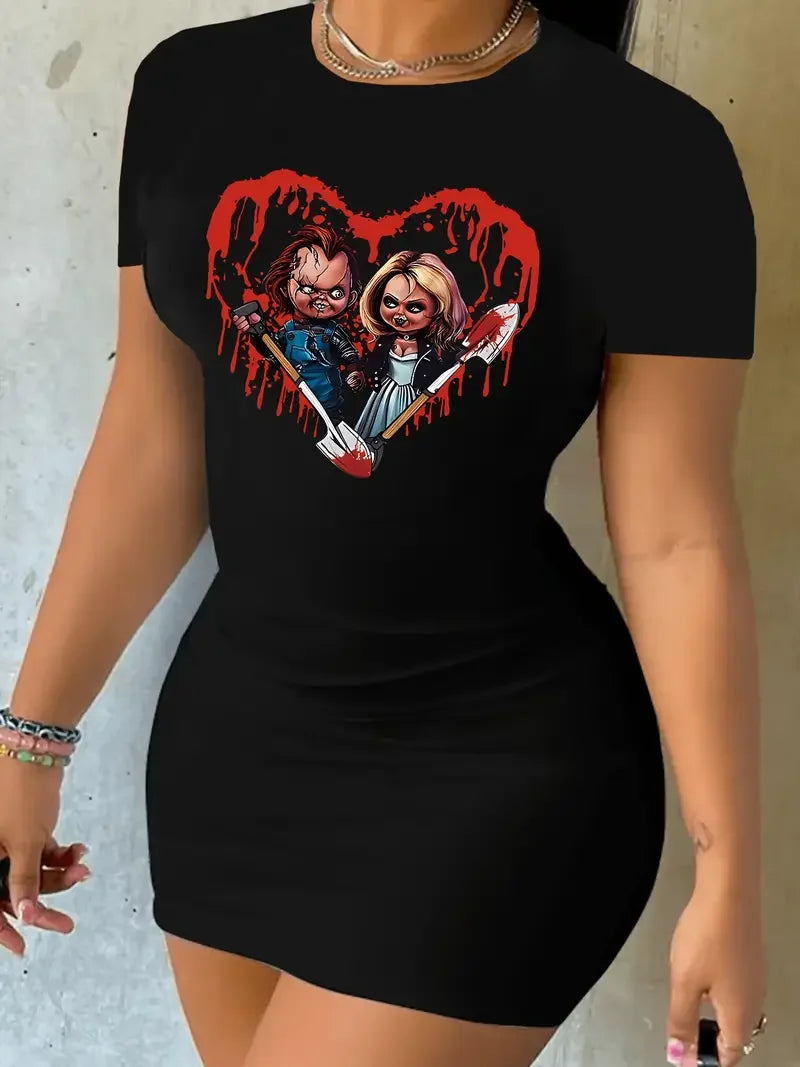 Bodycon Dress With Heart And Cartoon Print For Summer