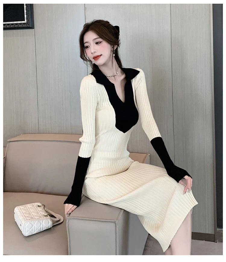 Korean Style Knit Dress Long Sleeve Color Block Lace