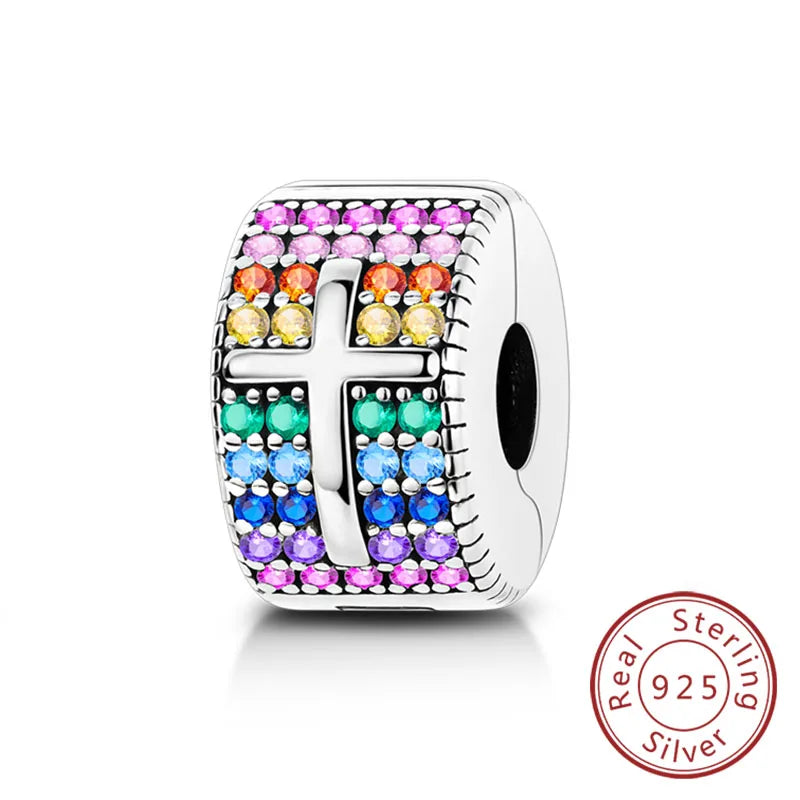 Fit Original 925 Sterling Silver Clip Charms with Zircon and Silicone Spacer Beads for Women DIY Bracelet Gift