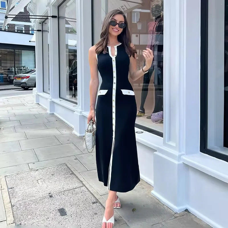 Elegant Sleeveless Ribbed Knit Bodycon Dress High Waist