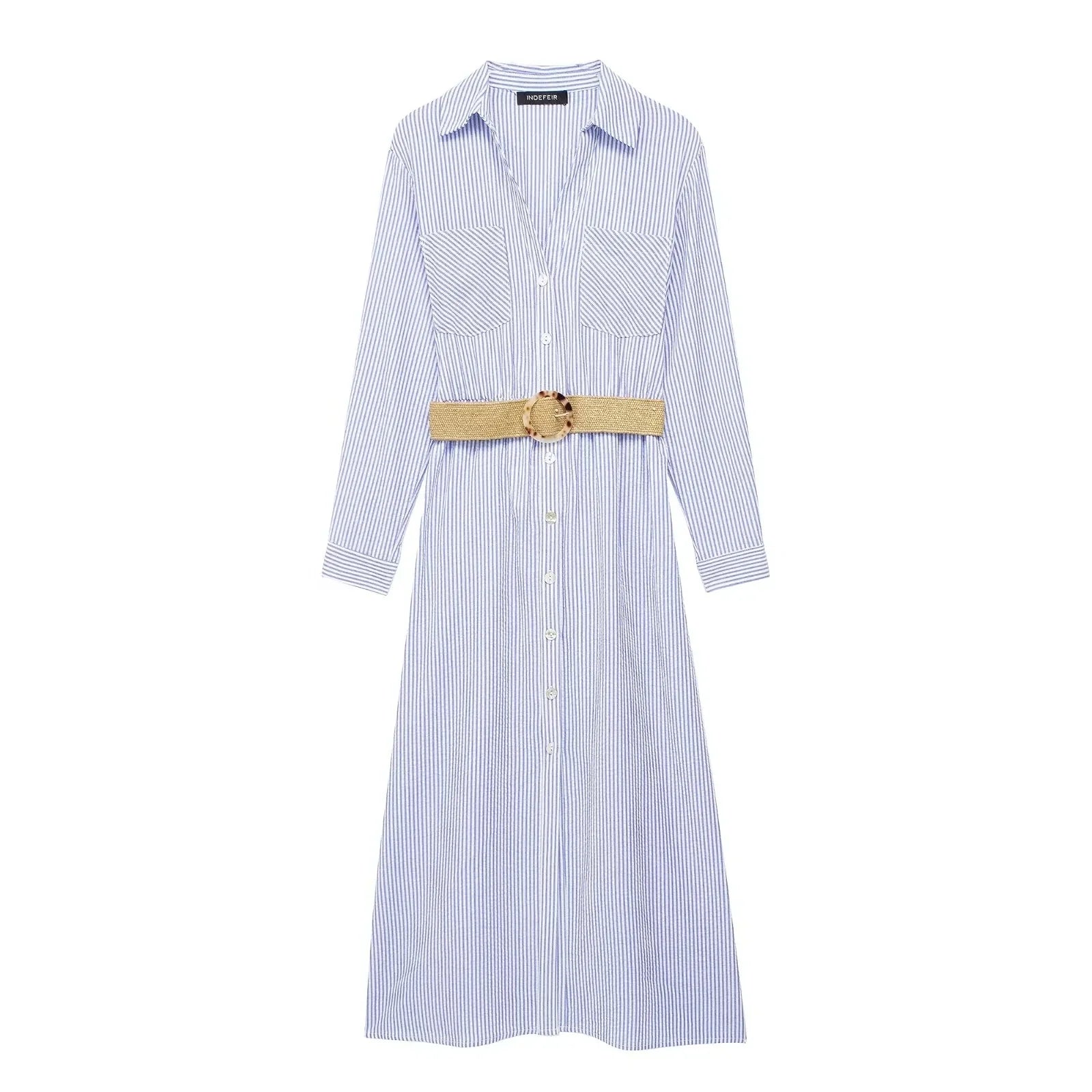 Blue Striped Shirt Dress With Belt Long Sleeve Midi