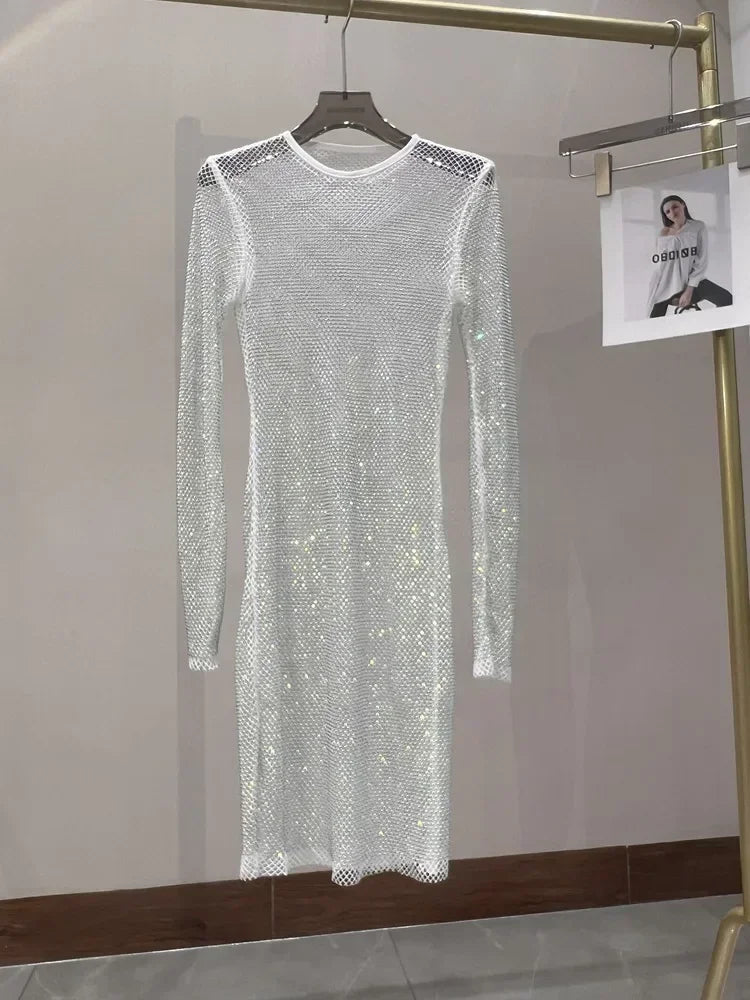 Colorful Sequin Diamond Dress Round Neck Midi Hollow