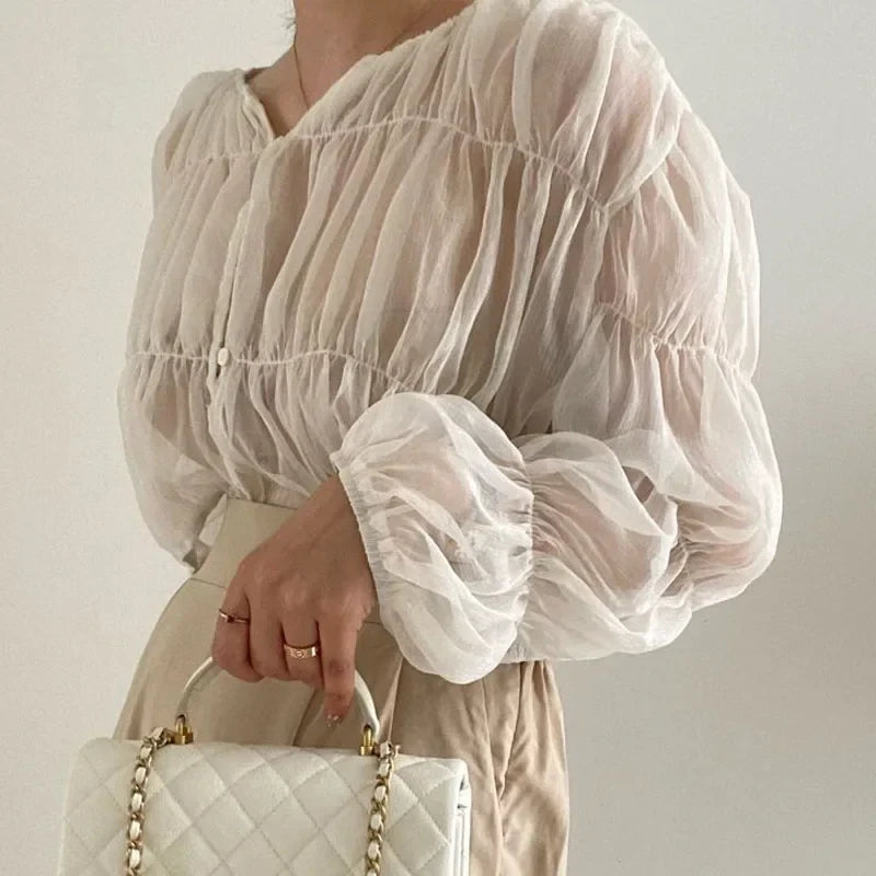 Loose Fit Chiffon Blouse for Women Pleated Sheer Long Sleeve Casual Summer Top with Elegant Folded Design