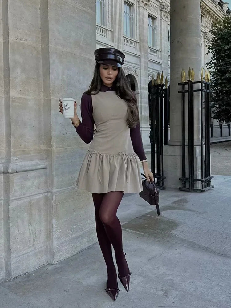 Bow Embellished Sleeveless Pleated Patchwork Dress Women