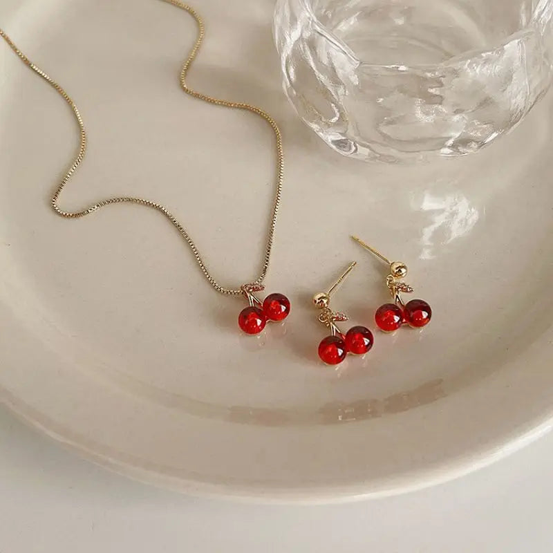 Red Cherry Pendant Necklace and Earrings Set for Women Fashion Jewelry Perfect for Parties and Weddings
