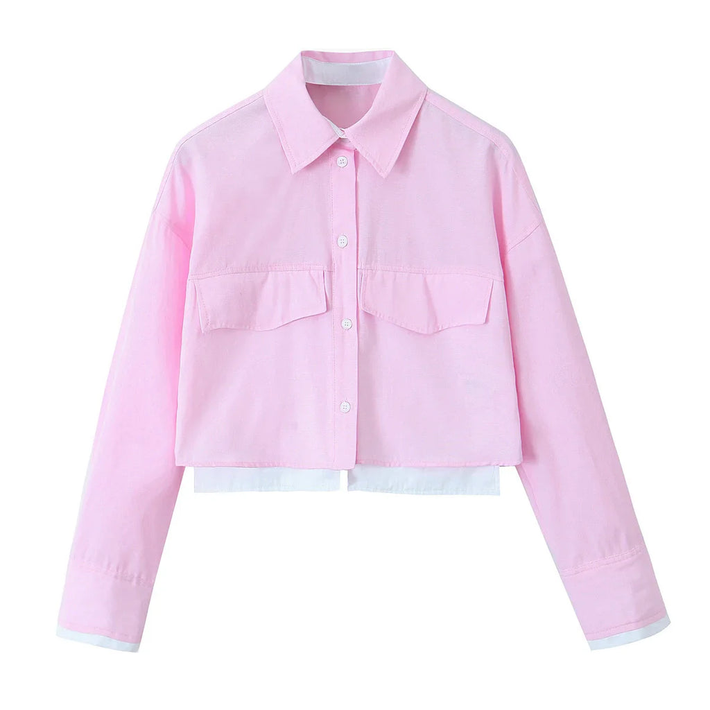 Women's Pink Patchwork Cropped Shirt Long Sleeve Button-Up Blouse Trendy Streetwear Top for Ladies