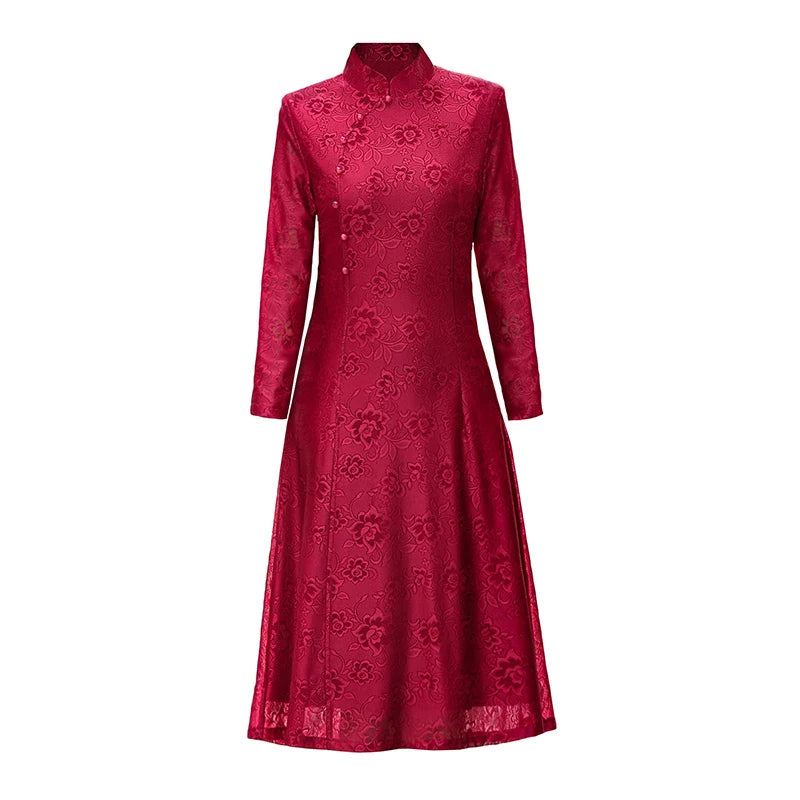 Elegant Lace Dress For Women With Qipao Collar A Line Long
