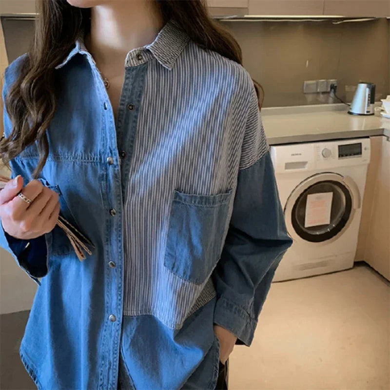 Loose Fit Women's Denim Shirt Long Sleeve Cotton Casual Button-Up Korean Style Autumn Winter Camisa Jeans Shirt