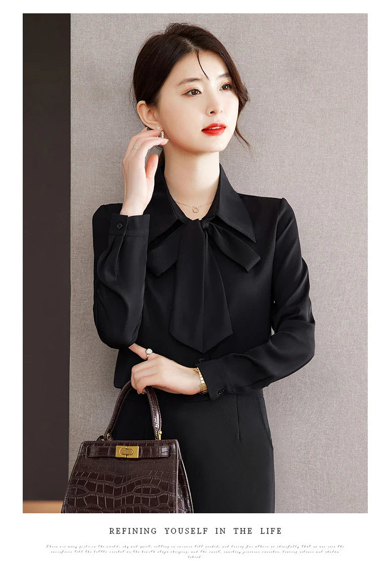 Elegant Bow Tie Ribbon Blouse for Women Lace Up Temperament Shirt Stylish Spring and Autumn Top