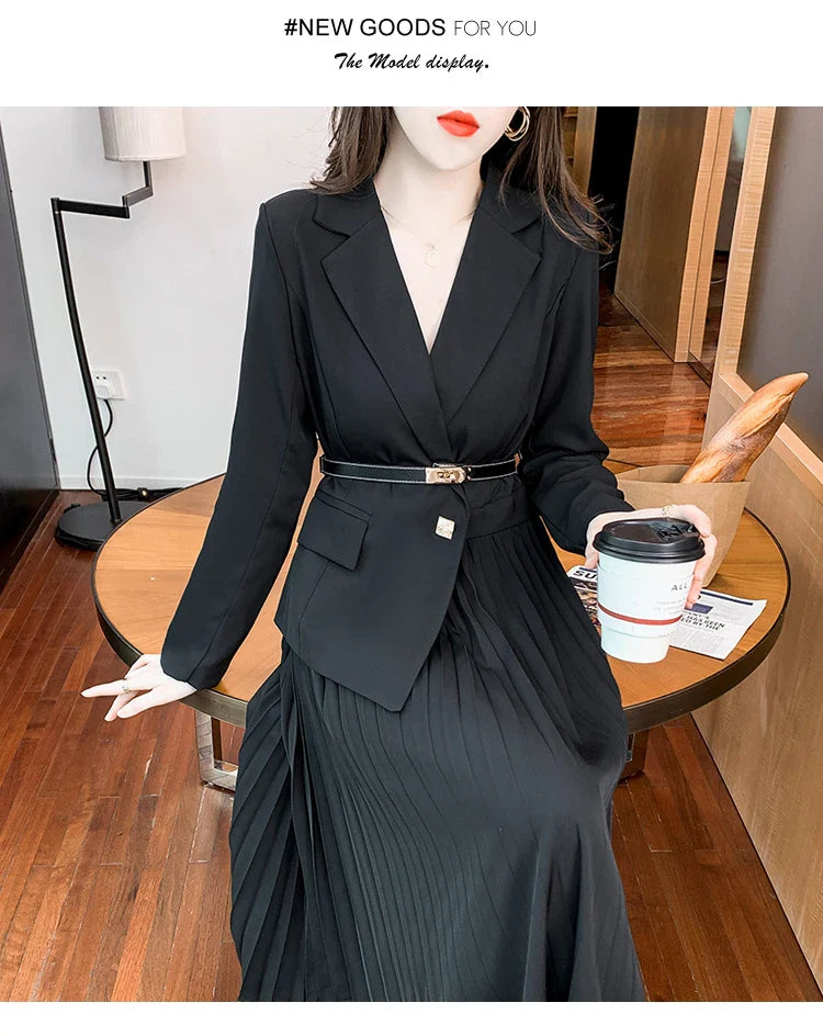 Faux Two Piece Dress With Blazer Collar Pleated Skirt