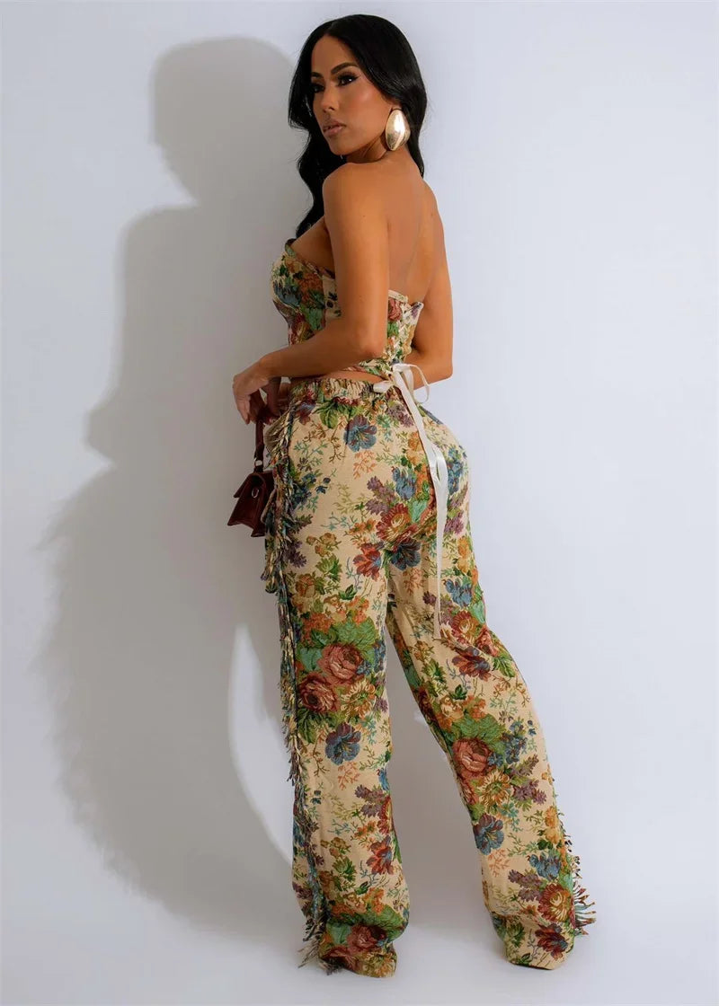 Floral Print Two Piece Set for Women with Strapless Crop Top and Side Tassel Wide Leg Pants for Y2K Birthday Parties