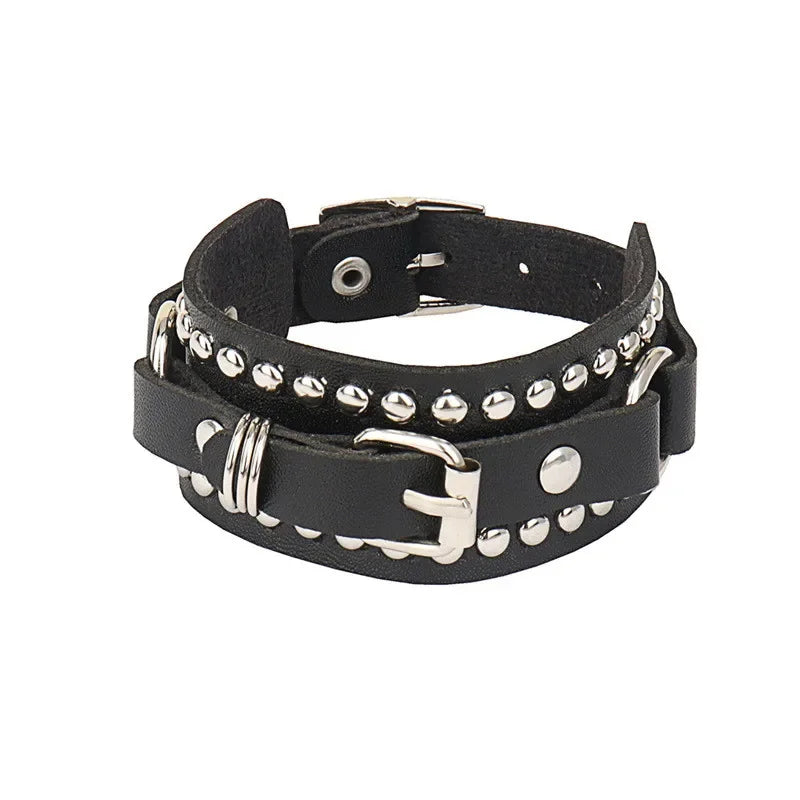 PU Leather Studded Gothic Cuff Bracelet Adjustable Punk Rivet Wristband for Men and Women