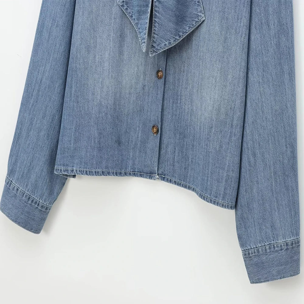 Women's Blue Denim Shirt With Stand Collar Bow Detail Single Breasted Long Sleeve Loose Fit Sweet Solid Casual Top