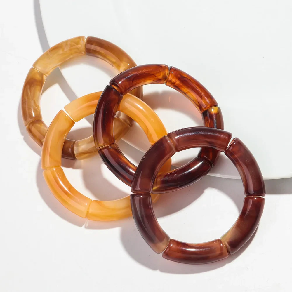 Trendy Handmade Acrylic Bamboo Bead Bracelet Set of 4 Elastic Bangles